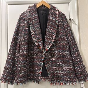 Halogen Black Multicolor Tweed Shawl Collar Fringed Jacket Blazer NWT Size Large